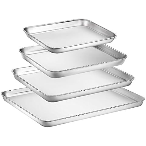Stainless Steel Cookie Sheets for Baking, 4 Pieces Toaster Oven Pans Baking Sheets for Oven, Easy Clean & Non-stick & Dishwasher Safe Cover