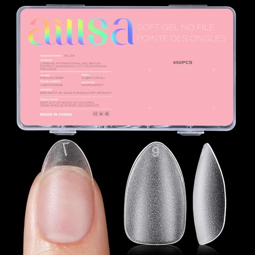 AILLSA Short Almond Nail Tips 450PCS Acrylic Gel Double-sided Matte Clear Pre-Buff Gel Nail Tips No Need Base Coat Press on Nails Tips for Extension 15 Sizes