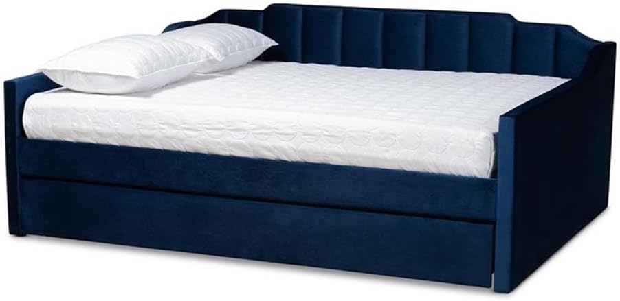 Baxton Studio Lennon Modern and Contemporary Navy Blue Velvet Fabric Upholstered Queen Size Daybed with Trundle
