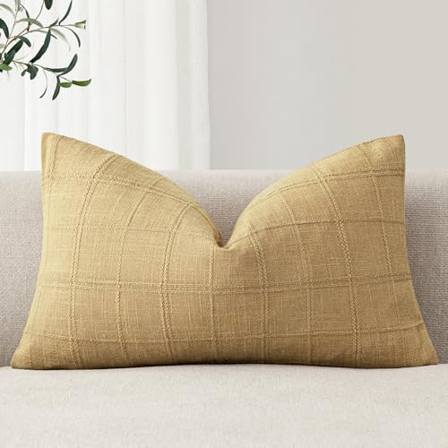Image of Foindtower Set of 1 Decorative Linen Check Throw Pillow Cover Neutral Farmhouse Lumbar Cushion Cover Modern Boho Accent Home Decor for Sofa Chair Couch Bedroom Living Room,12x20 Inch,Amber Gold
