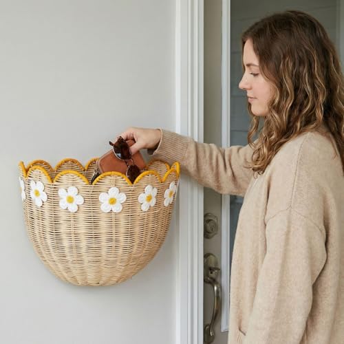 Cesta colgante de mimbre y pared con decoración de margaritas para baño 3