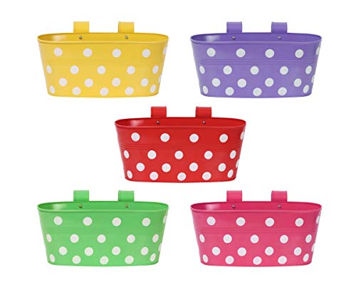 Leafy Tales Muticolor Metal Rust-Free Hanging Planter - Set of 5 (Oval - Red, Green, Yellow, Pink, Purple), 30 cm x 15 cm x 14 cm