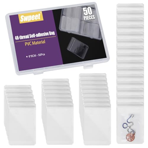 Swpeet 50 bolsas de joyería de PVC transparente de 2.36 x 3.2 pulgadas de grosor, organizador de joyas portátil autoadhesivo, bolsas de almacenamiento de joyas de plástico, bolsas transparentes con