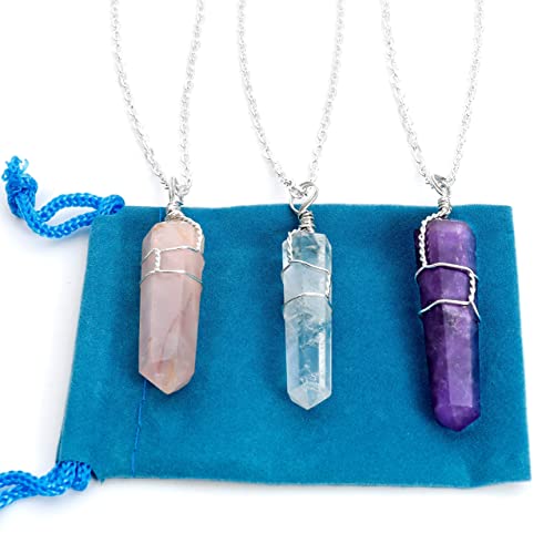 Dancing Bear Healing Crystal Pendant Necklaces (Set Of 3) Master Stones: Amethyst, Rose Quartz & Clear Quartz W/Identification Cards & Treasure Box, Positive Energy, Good Vibes, Lucky Charm, Reiki #TOP1