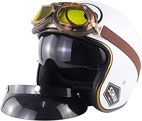 EBAYIN Casques Bol Casques Jet Brain - Cap Casque de Moto Rétro Harley avec écran Solaire Brun Lentille Intérieure Dot + ECE Certifié Cruiser Chopper Scooter Casque Ensemble,White-L=(59~60cm) Cover