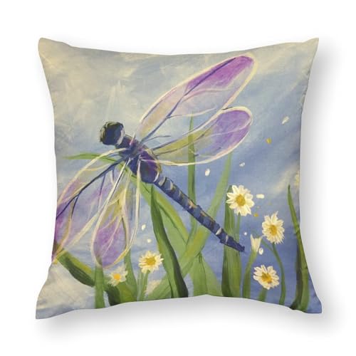 クッションカバー 抱き枕カバー インテリア 飾り トンボ 青空 白雲 花 緑の葉 植物 春風 枕カバー 装飾枕カバー 座布団カバー おしゃれ 部屋飾り ソファ背当て 寝室 車用 18"x18"