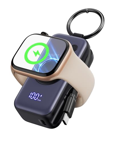 INIU Power Bank for Apple Watch, 5000mAh Wireless Portable Charger Powerbank with Built-in Cable, Slim Travel Keychain Battery Pack with LCD Display for iWatch 10/9/8/Ultra2/Ultra/SE, iPhone 16/15 etc