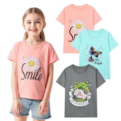 Image of HILEELANG Girl T-Shirts Short Sleeve Graphic Tees Cotton Casual Summer Tops Shirts Packs