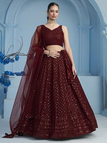 Image of Zeel Clothing Women's Sequins Thread Embroidered Georgette Lehenga Choli With Dupatta (5124-Women-Lehenga-Choli-New; Free size)
