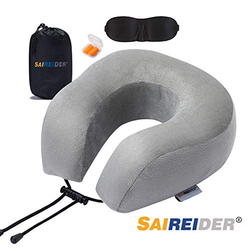 SAIREIDER Travel Pillow 100% Memory Foam Neck Pillow for Airplanes Flight Rest Best