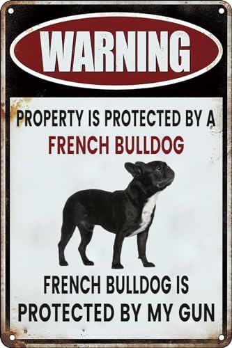 No Trespassing Sign Funny Dog Warning Metal Tin Signs Property is Protected By a French Bulldog is Protected By My Gun for Home Yard Door Indoor Outdoor Wall Decor 8""x12"", style-2 image 5