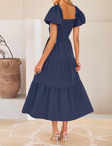 Image of ZESICA Womens Summer Casual Flowy Vacation Maxi Dress 2026 Short Puff Sleeve A Line Smocked Cutout Beach Party Dresses