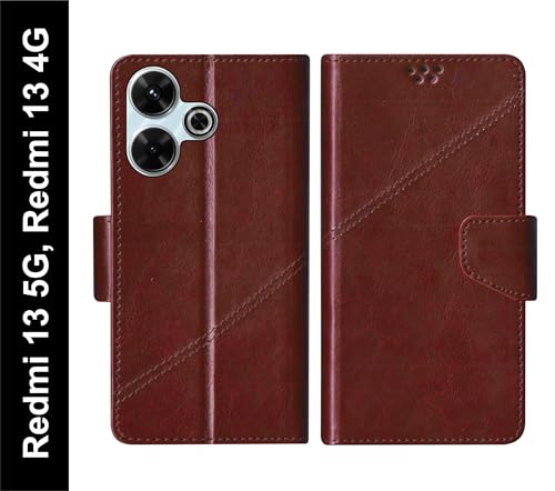 Image of SBMS Flip Cover for Redmi 13 5G / Redmi 13 4G Back Cover Case with Magnatic Closure | Inbuilt Stand | Card & Money Pocket (Coffe Brown)