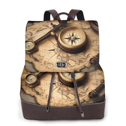 Sac à dos en cuir avec boussole imprimée pour ordinateur portable