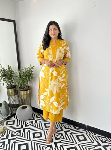 Image of LookMark Women's Floral Printed Cotton Blend 3 /4th Sleeve Knee Length V-Neck Kurta and Palazzo Set for Women