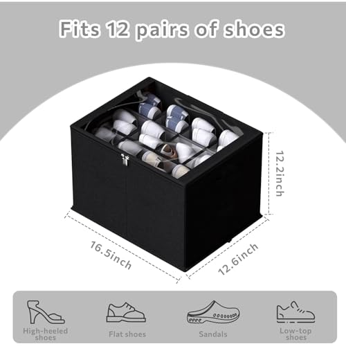 Image of RENVA 12 Pairs Shoe Organizer for Closet, Foldable Shoe Storage Bins with Clear Cover, Large Shoe Box Storage Container with two sides PU handles, Fits up to 12 Pairs. (Gray)
