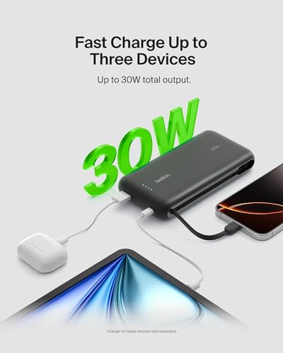 Image of Belkin Power Bank with Integrated Cable, Fast Charging USB-C, 20000 mAh 30W, Portable Charger Power Bank USB C for iPhone 17, Air, Pro, Pro Max, iPad, AirPods, Apple Watch, Galaxy S25, & More - Black