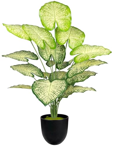 Image of Dekorly Plastic Artificial Palm Plants Leaves Faux Turtle Leaf Fake Monstera Tropical Large Palm Tree Leaves Outdoor Leaf Decorations | 26Inch Plant with Blackpot (White-Green-Leaves)