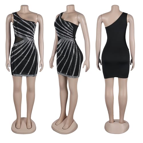 Image of PORRCEY Sexy Women Sparkly Rhinestone One Shoulder Bodycon Mini Dress Party Club Evening Dress(K3195,Black,M)