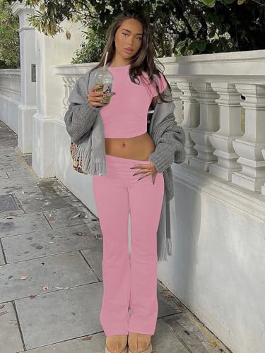 Image of AYWA Women's 2 Piece Lounge Sets Short Sleeve Crop Top Foldover Flare Pants Casual Pajama Outfits