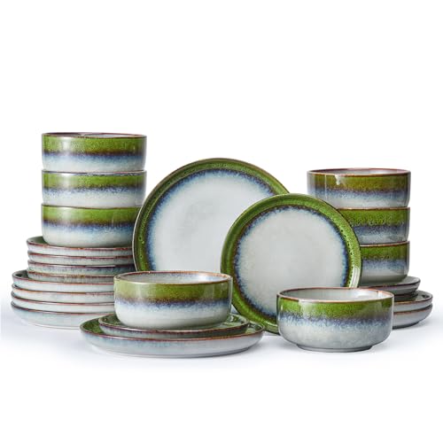 Image of KINGSTONE Stoneware Dinnerware Sets for 8, 24-Piece Reactive Glaze Plates and Bowls Sets, Scratch-Resistant Rustic Ceramic Dish Set for Daily Party Gifts, Microwave Dishwasher Safe, Kiln-Fired Green