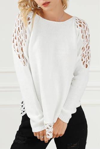 Women's Casual White Solid Scoop Neck Hollow Out Sweater2