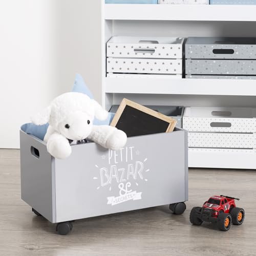 Caja de Juguetes Gris con Ruedas baúl infantil contenedor de madera móvil 7