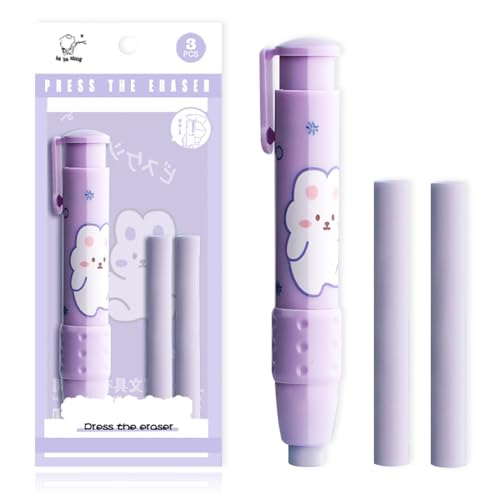 格納式鉛筆消しゴム、ペン型消しゴム、鉛筆用のかわいい消しゴム、詰め替え用、楽しいクリック消しゴム、新学期文房具用品(パープル)
