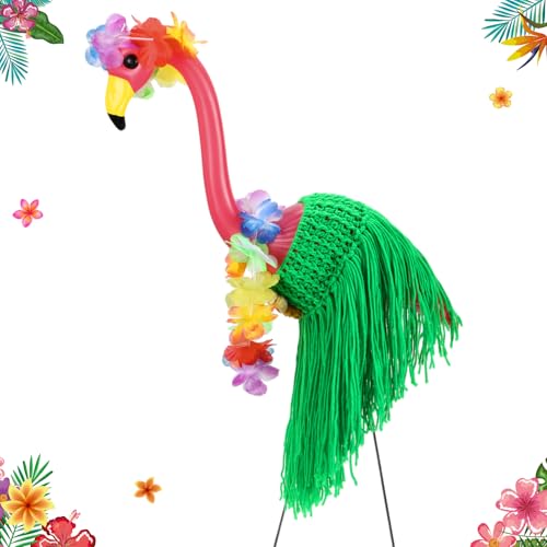 Hawaiian Yard Flamingo Outfits Decor for 31'' Porch Flamingos Luau Grass Skirt and Hawaiian Leis Necklace for Luau Hula Dance Party Garden Lawn Outdoor Decorations, Statue Not Included(Green)