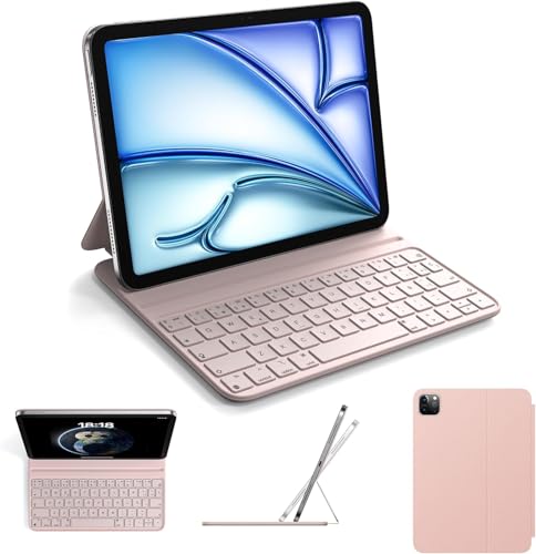 HOU Teclado Delgado para iPad Air 6/5/4/Pro 11, Air 11"(M3/M2, 2025/2024), Funda de Imitación de Cuero con Teclado, Ángulo Ergonómico, Diseño del Idioma Español Ñ, Rosa