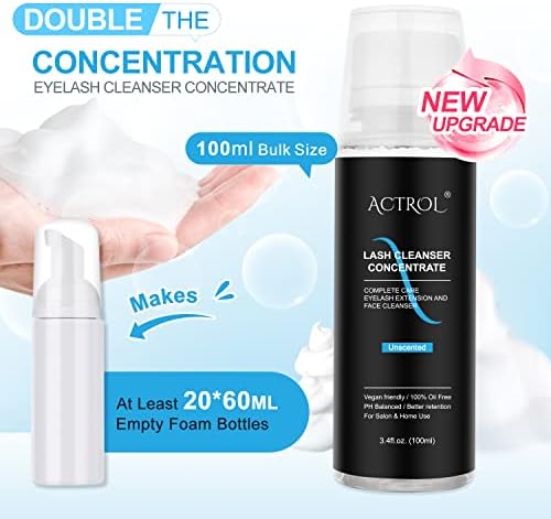 Eyelash Cleanser Concentrate Unscented 100ml Professional Lash Extensions Shampoo Natural Foaming Cleanser DIY Paraben & Sulfate Free Non-lrritating Wash for Extensions Lashes with Salon Home Care-Makes 60ml Bottles Eyelash Shampoo - 1