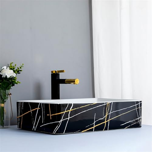 Lavabo artístico rectangular de cerámica vitrificada sobre encimera con desagüe completo 7