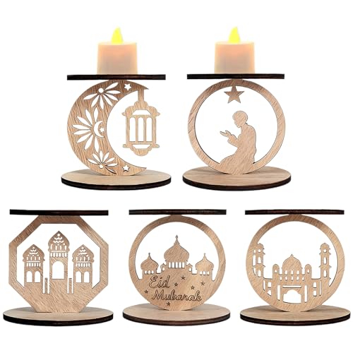 Holiday Candle Holders – Middle East Table Decor, 5 Pieces Medium Size Wooden Decorative Candle Holders with Intricate Carved Patterns for Festive Ambiance Solid Wood for Durability and Elegance