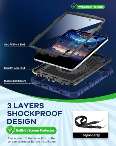 Cantis Case for iPad 11-inch (A16) 2025/ iPad 10th Generation 2022 (10.9 inch) with Screen Protector, iPad 11th Case with 360 Degree Rotating Stand/Shoulder Strap/Pencil Holder, Navy Blue - Image 4