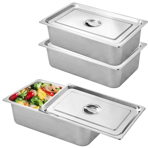 Juego de empanado de acero inoxidable de 3 piezas, 3 recipientes GN con tapa, de metal rectangular, recipiente gastronorm de acero inoxidable con tapa para empanar pescado, carne, verduras, 32,5 x
