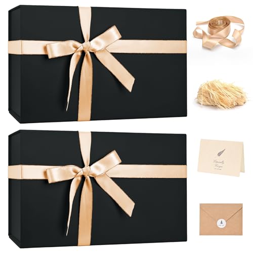 Image of LIFELUM Black Gift Box with Magnetic Lids for Presents, 14 inchx8.5 inchx4.5 inch | with Ribbon, Greeting Card & Shredded Filler for Men, Birthday, Christmas, Father's Day & Groomsmen, 2 Pack
