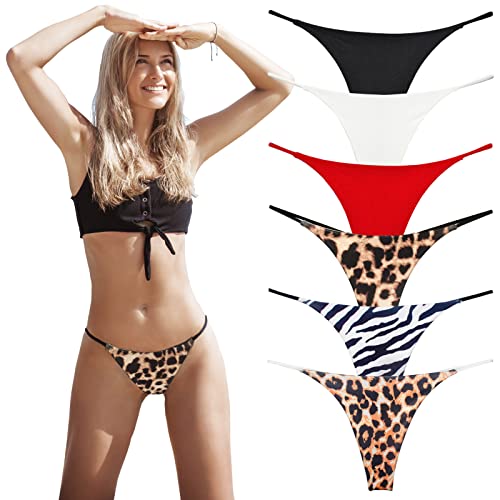 Sexy G String Ficelle pour Femme Coton sans Couture Culotte Tangas sous-Vêtements Lot de 6 Slips (B/W/R/Leopard, Small) Cover