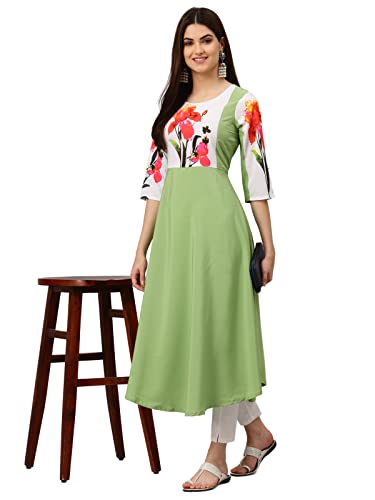 Image of Women's Crepe A-Line Printed Kurti(ALC9121PST1 Mint Green Large)