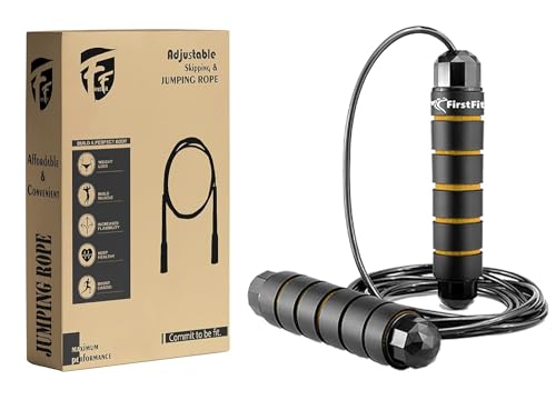 Image of FirstFit Jump Rope, Tangle-Free Rapid Speed Jumping Rope Cable with Ball Bearings for Women, Men, and Kids, Adjustable Steel Skipping Rope with Foam Handles (6 Month Warranty) (Black & Yellow)