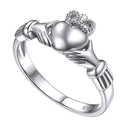 FOCALOOK Anillo Claddagh de Amor Anillo Compromiso de Mujer Anillo Fino Plata de Ley 925 Chapado en Oro Blanco Cover