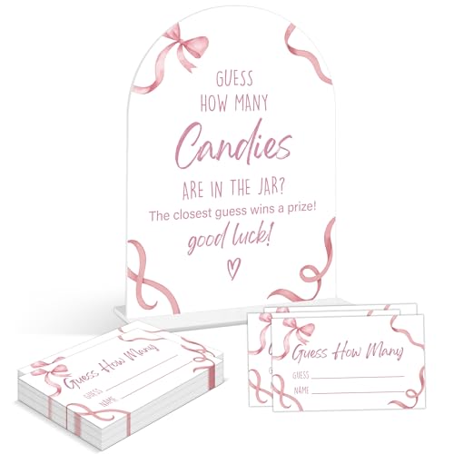 Baby Shower Games - Pink Bow Guess How Many Candies Are in the Jar Game, 1 Arch Acrylic Sign and 50 Guessing Cards, Gender Reveal Game, Pink Baby Shower Decoration Supplies (DT01)