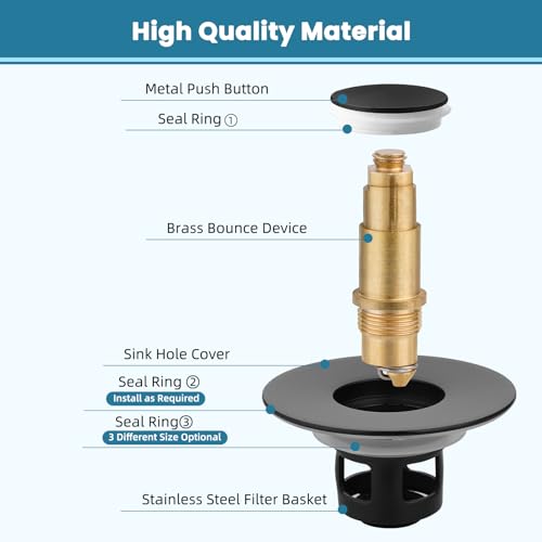 Image of 2PCS Universal Metal Bathroom Sink Stopper, 2-in-1 Pop Up, Matte Black | Sink Strainer with Anti-Clogging Filter Basket Fit for Standard 1 inch-2.3 inch Basin Drain Holes, Anti-Clog
