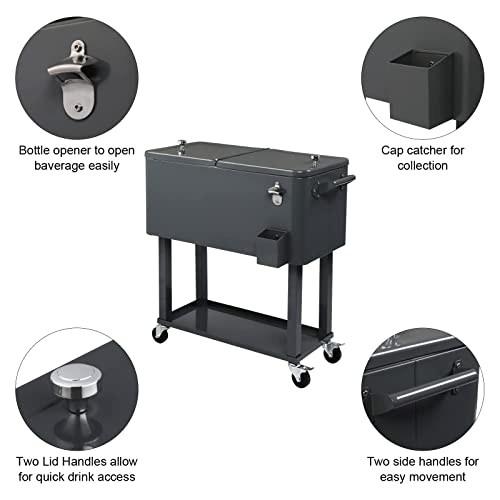 Outvita 80 Quart Rolling Ice Chest, Portable Bar Drink Cooler With Catch Basin, Bottom Storage Tray And Bottle Opener For Patio Party Bbq Beach Activities (Dark Gray) #TOP3