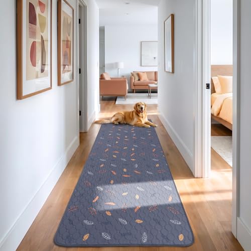 Image of Sunheir Washable Pee Pads for Dogs Large 24 inch x 72 inch 2-Pack Reusable Puppy Pads Pet Training Pads, Absorb Dog Mats, Whelping Pad, Non-Slip Protects Against Urine Leakage, Runner Rug (Leaves - Deep Grey)