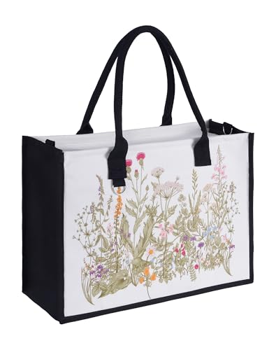 JIATEMET Large Canvas Tote Bag for Women with Zipper and Pocket, Fashion Women Vintage Floral Handbags Travel Crossbody Bags