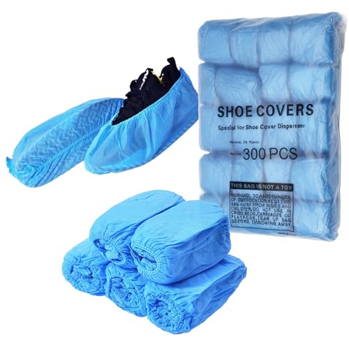 Image of 300pcs Disposable Waterproof Shoe Covers – Blue Anti-Slip Overshoes for Shoes & Boots | Strong Dustproof Plastic Foot Coverings for Indoor & Outdoor Use, Carpets, Floors, Rain, Shoe Safety Covers