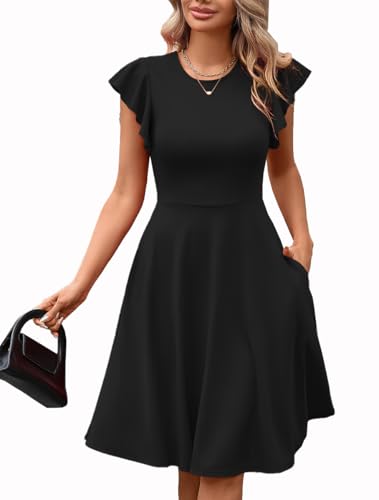 Image of MSLG Women's Fit and Flare Ruffle Short Sleeves Dresses Work V-Back Cocktail Semi Formal A Line Dress with Pockets 842