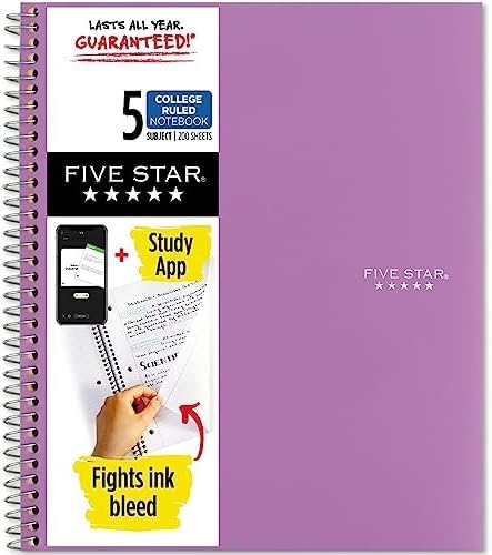 Image of Five Star Spiral Notebook + Study App, 5 Subject, College Ruled Paper, 8-1 /2 inch x 11 inch, 200 Sheets, Fights Ink Bleed, Water Resistant Cover, Amethyst Purple (38748), 1 Count (Pack of 6)