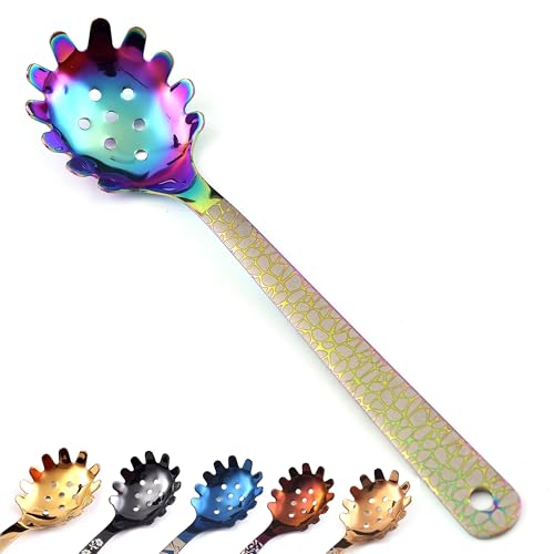 BNAZIND 10 Inch Spaghetti Spoon | Stainless Steel Pasta Spoon Pasta Fork | Pasta Server with Teeth | Noodle Spoon Pasta Server | Utensils for Kitchen Restaurant (Rainbow)