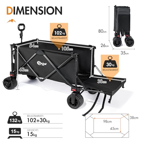 PORTAL Bollerwagen faltbar XXXL 300L größe Reifen 17x10cm mit Bremse Getränkehalter Seitentasche Faltwagen klappbarer Transportwagen für Alle Gelände Camping Strand Einkaufen – Bild 6